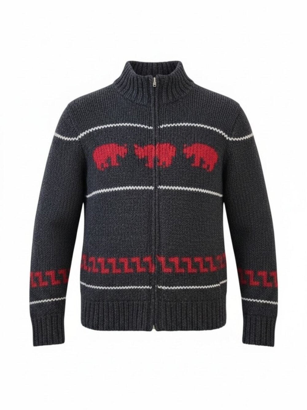 VINTAGE-style grey wool zip cardigan with bear pattern m (fits like men's medium